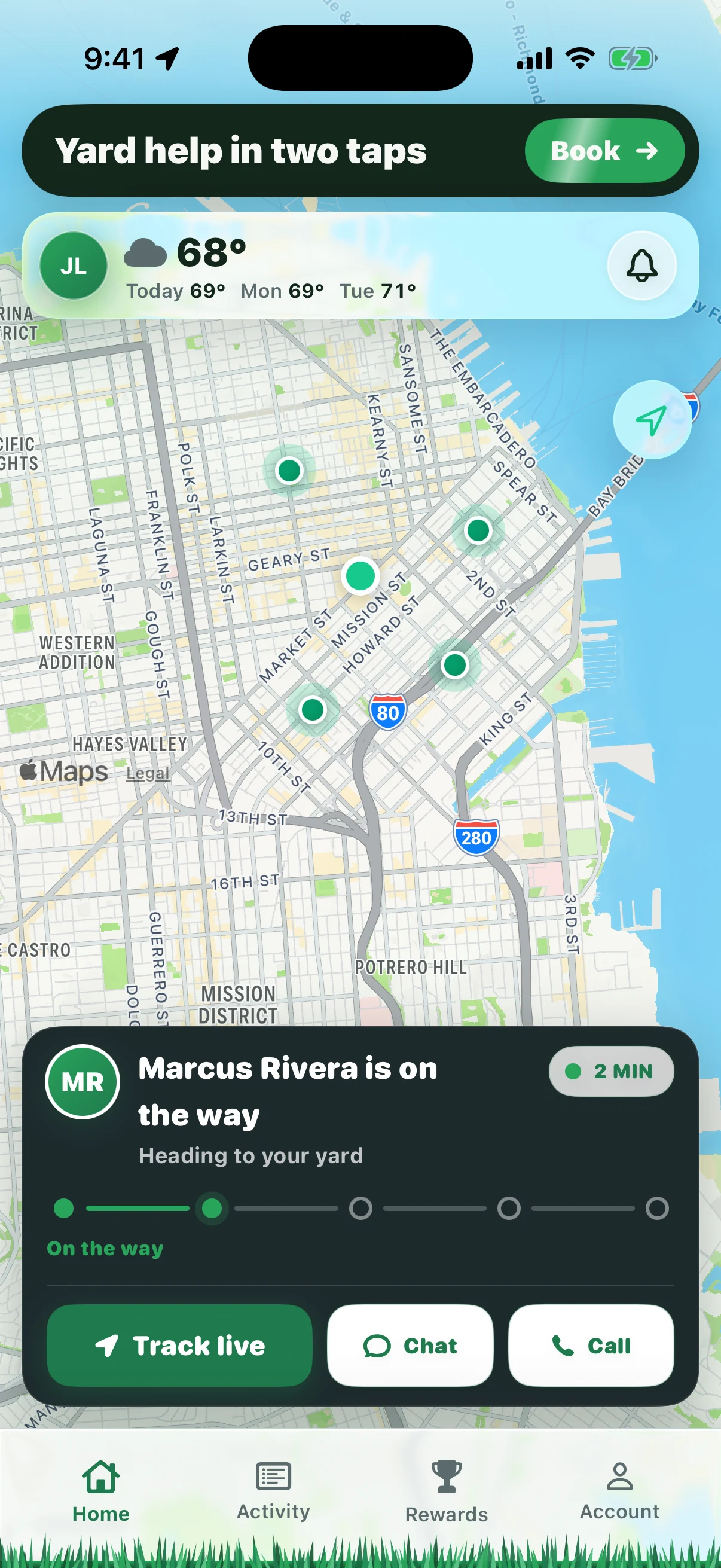 Grasshopper Go home screen: a live map with a Grasshopper on the way, two minutes out, with Track live, Chat, and Call buttons.