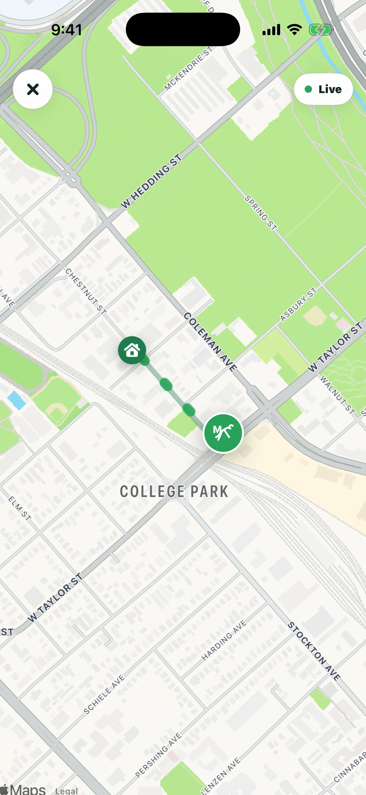 Full-screen live tracking map showing the Grasshopper’s route trail approaching a home, with a Live badge.