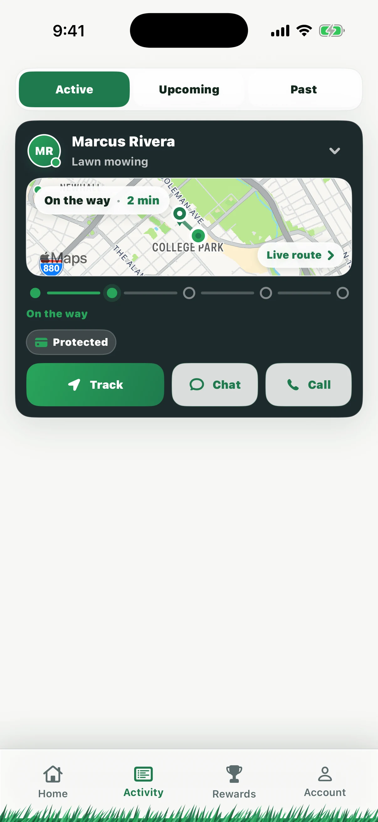 Activity screen: Marcus Rivera on the way, two minutes out, with a live route map, payment protected badge, and Track, Chat, and Call buttons.