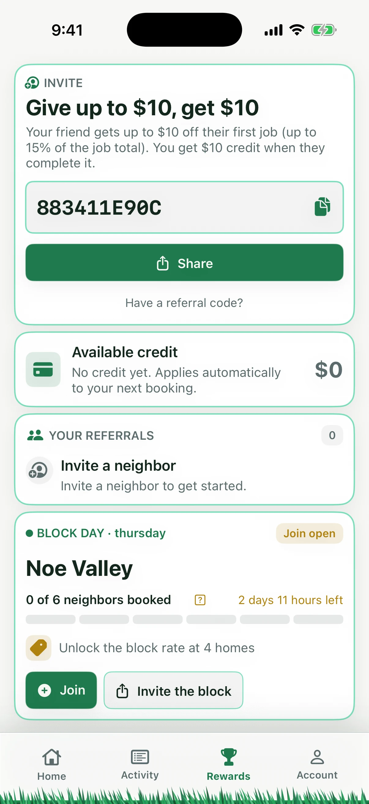 The Rewards tab: a referral card offering give up to $10, get $10, and an open Block Day for Noe Valley on Thursday showing how many neighbors have booked and that the block rate unlocks at four homes.