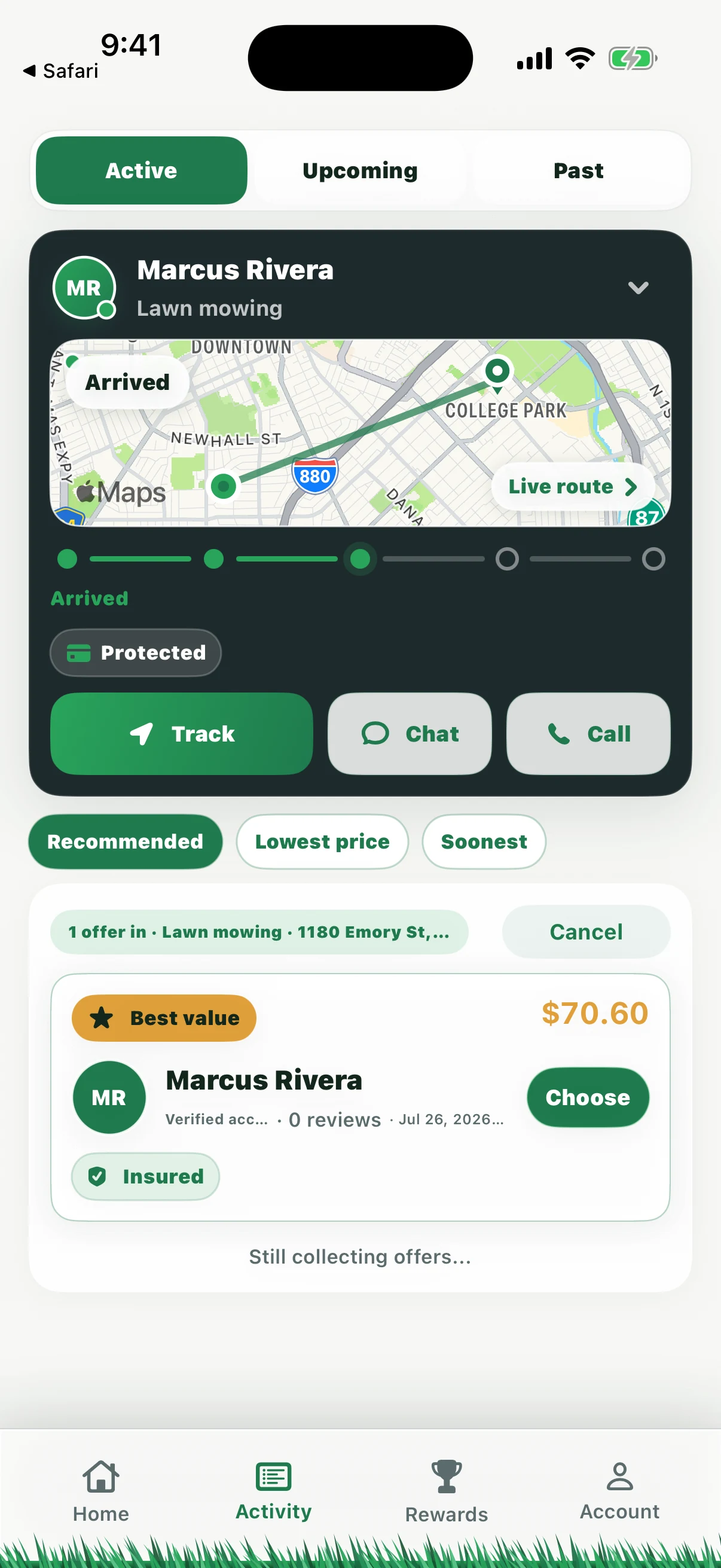 The offers screen: filter chips for recommended, lowest price and soonest, and an incoming offer from Marcus Rivera at $70.60 all-in with a Best value badge, an Insured badge, and a Choose button.